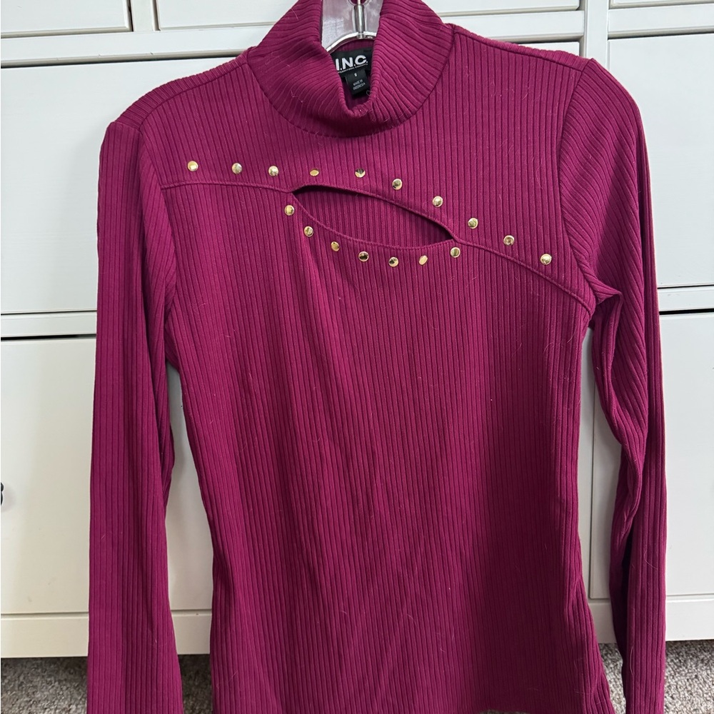 INC International Concepts Women's Magenta Studded Long Sleeve Top